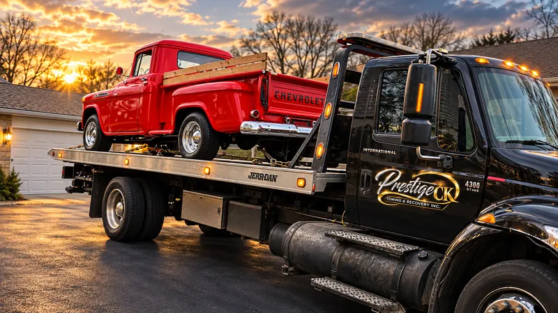 Classic red Chevy pickup on the flatbed