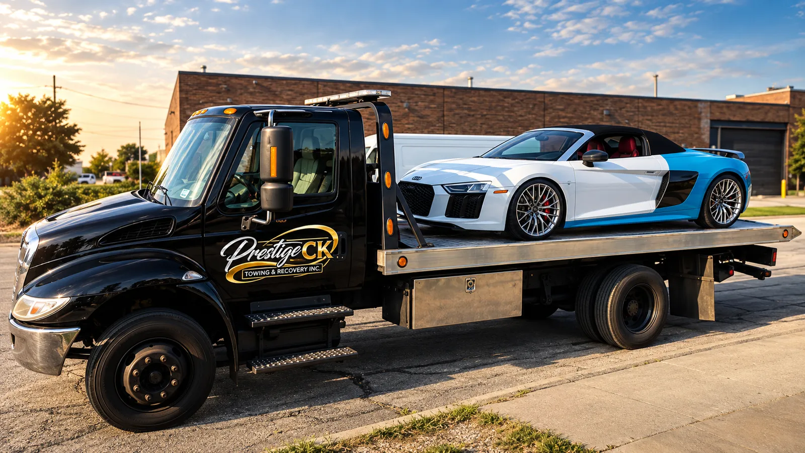 Prestige CK Towing flatbed carrying a blue and white Audi R8