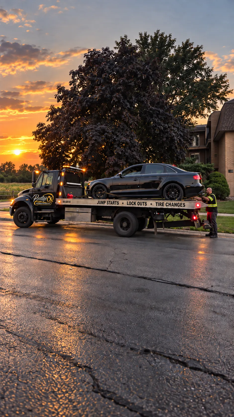 Flatbed loading black sedan sunset, Prestige CK Towing