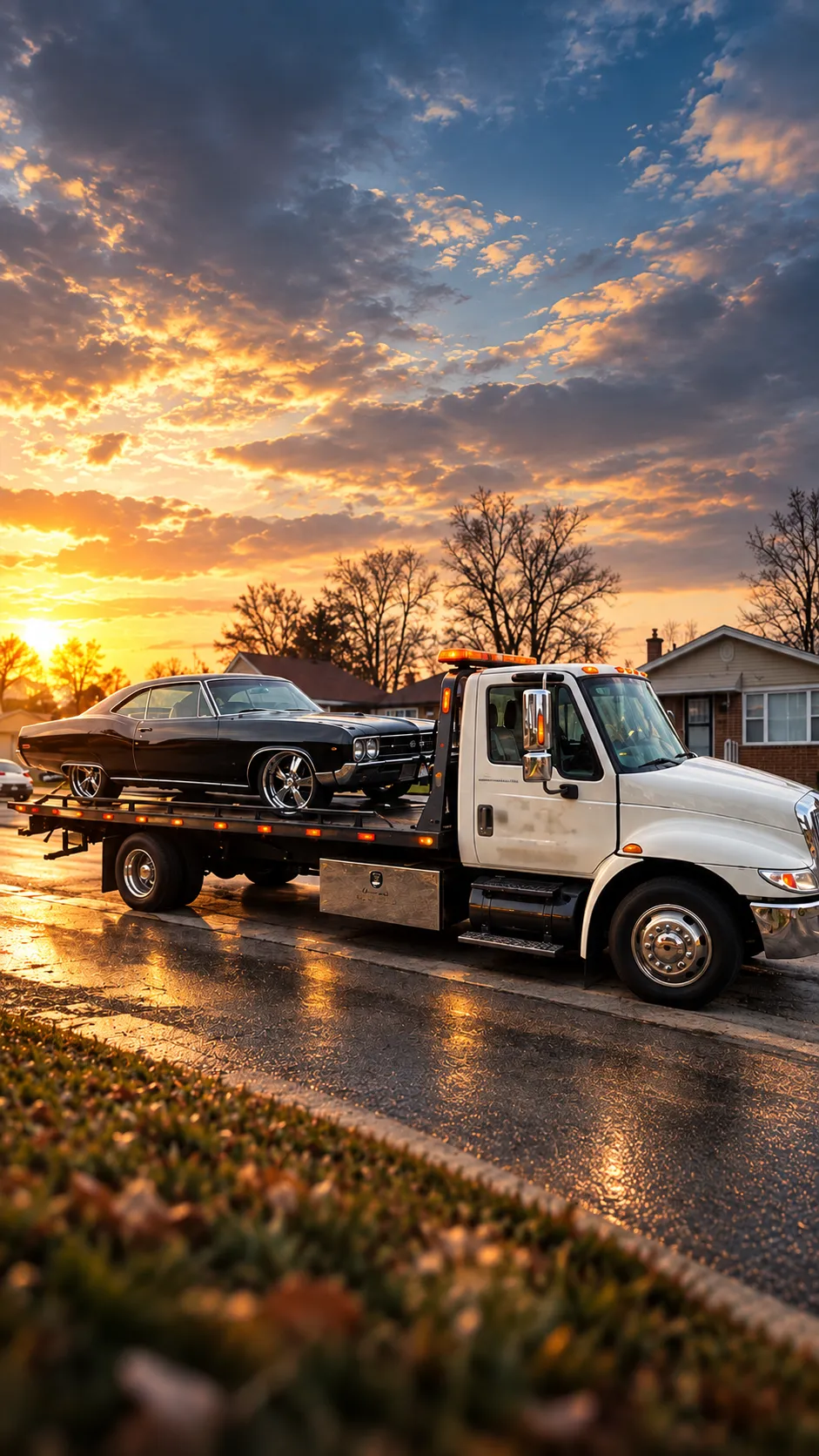 Flatbed towing classic muscle car sunset, Prestige CK Towing