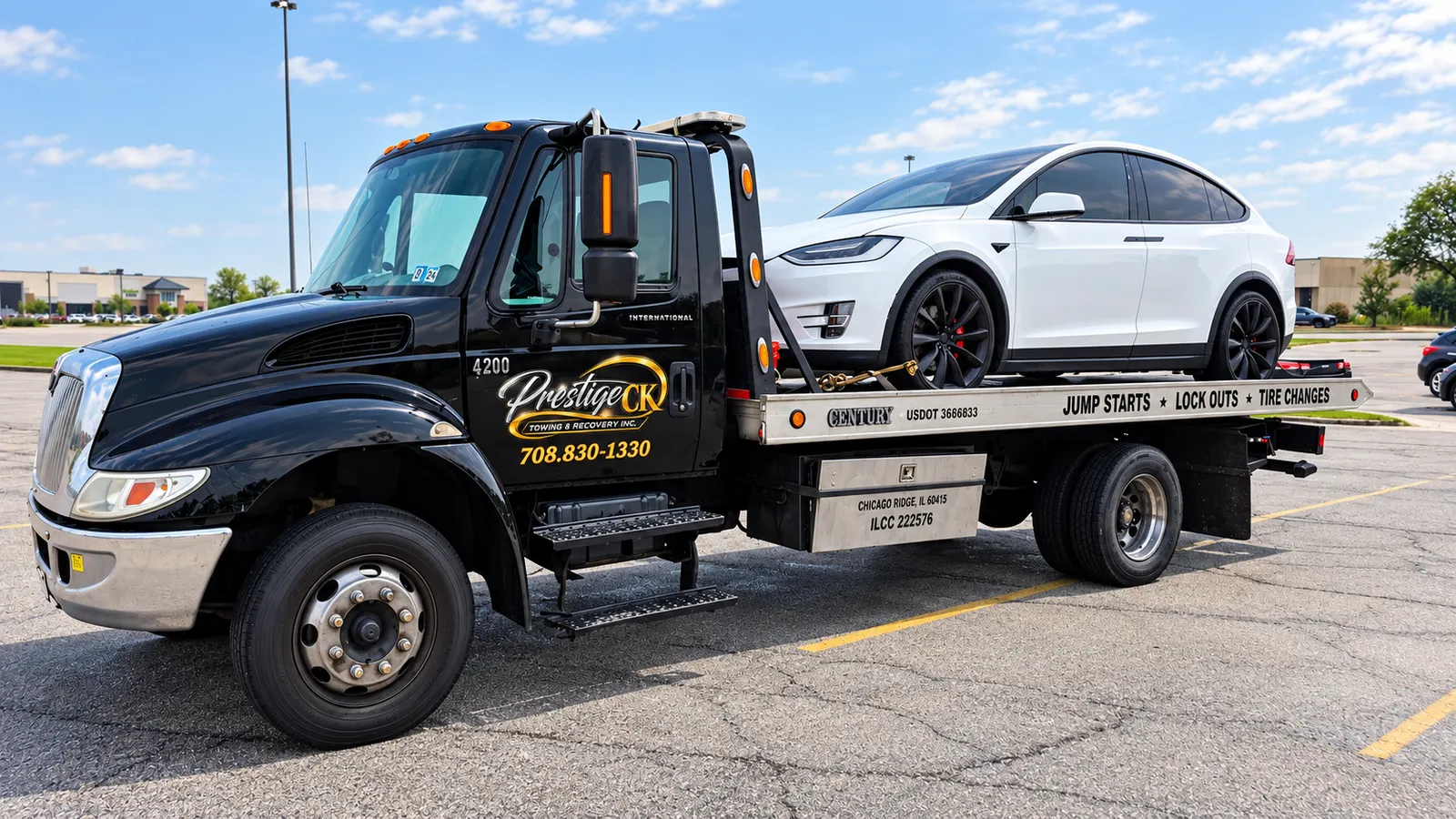Prestige CK Towing black flatbed tow truck hauling a white Tesla in Oak Lawn, IL