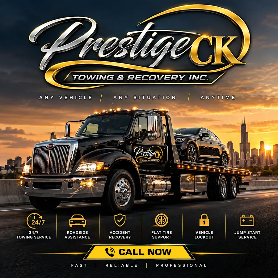 Prestige CK Towing flatbed tow truck on the highway with the Chicago skyline at sunset