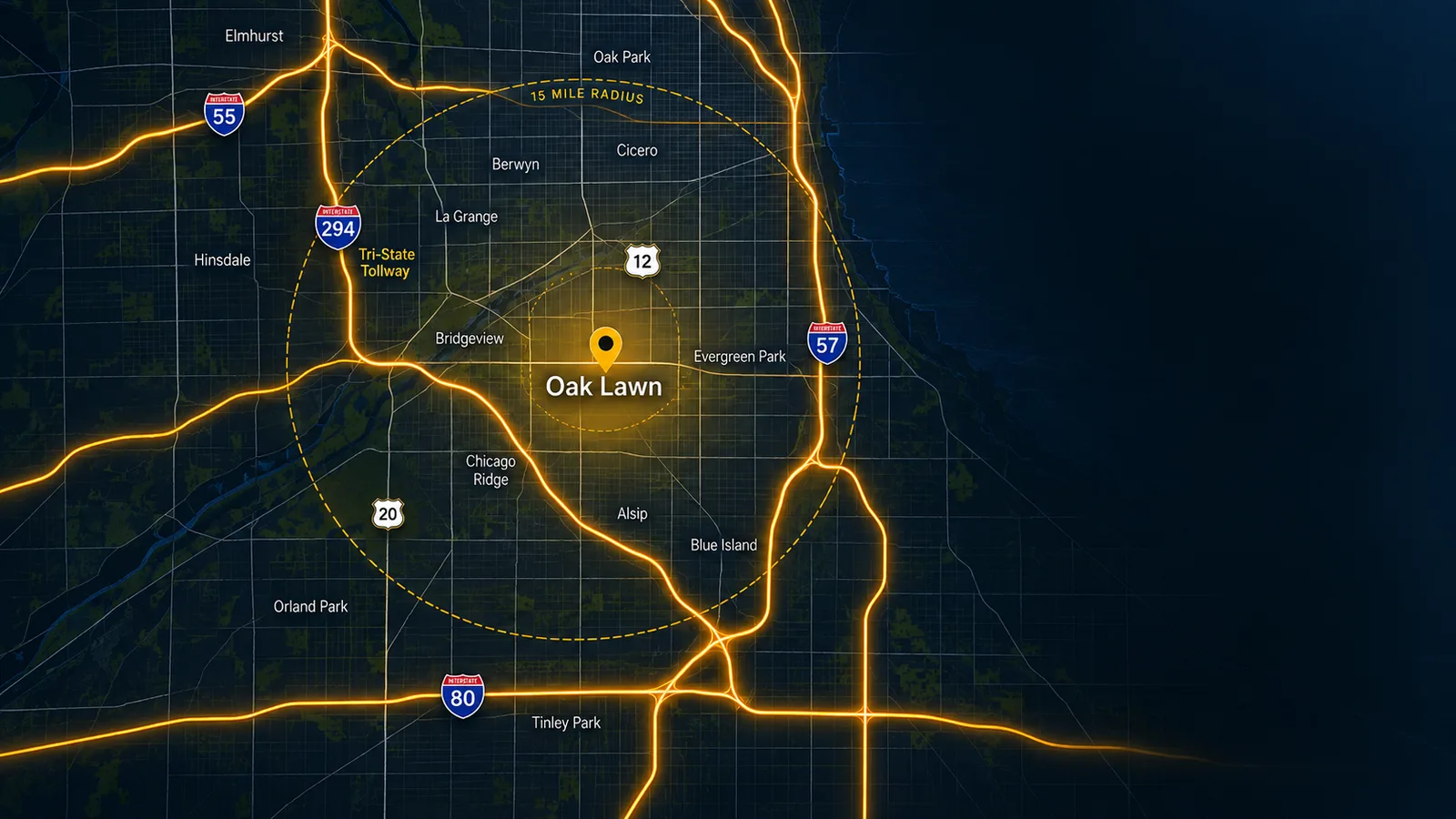 Map of the Prestige CK Towing service area: a 15-mile radius around Oak Lawn with I-55, I-294, I-57 and I-80